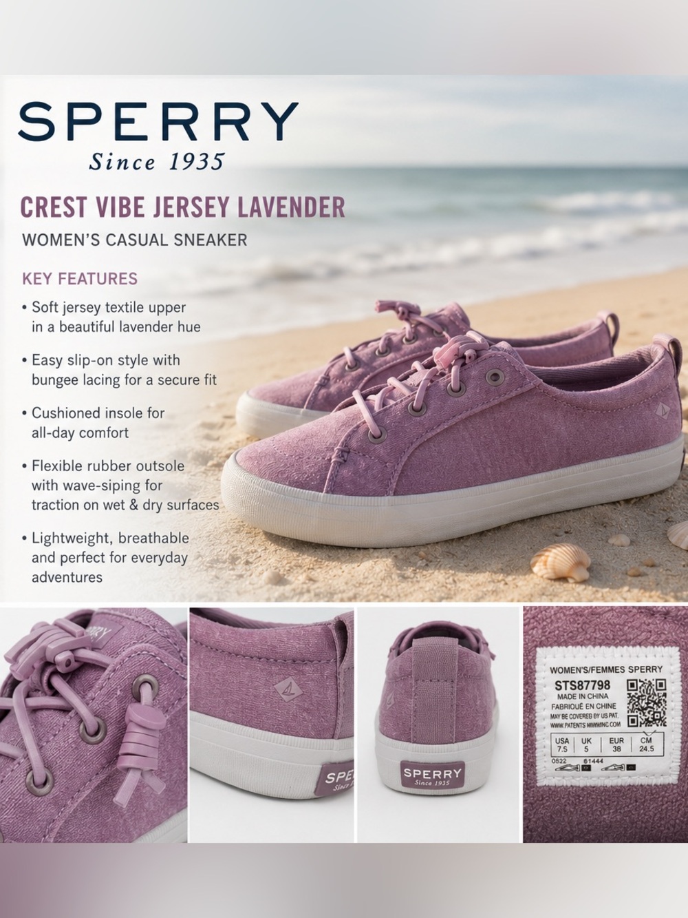 Sperry Creat Vibe Jersey Lavender Lace Sneakers NIB Size 7.5 Euro Summer Beach